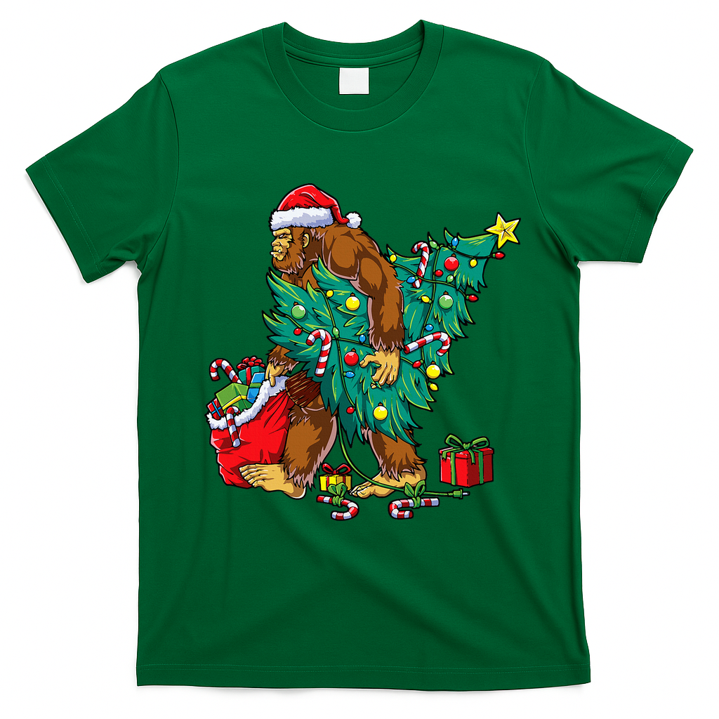Bigfoot Christmas Tree Lights Xmas T-Shirt - Irish Green