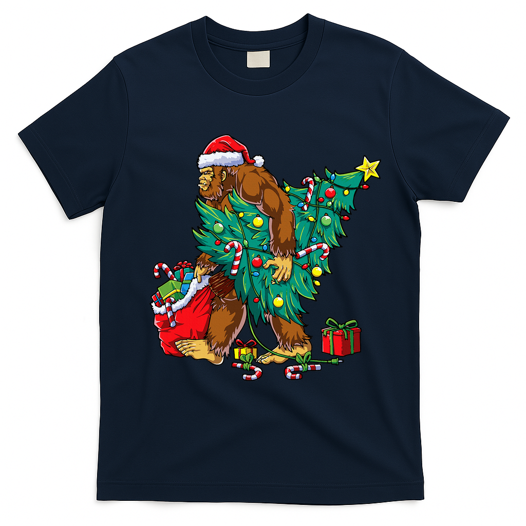 Bigfoot Christmas Tree Lights Xmas T-Shirt - Navy Blue
