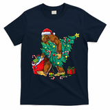 Bigfoot Christmas Tree Lights Xmas T-Shirt - Navy Blue