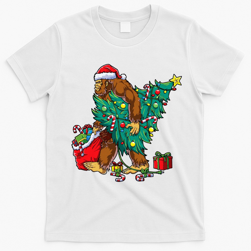 Bigfoot Christmas Tree Lights Xmas T-Shirt - White