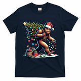 Bigfoot Christmas Tree Lights Xmas Sasquatch Lovers Gift T-Shirt - Navy Blue