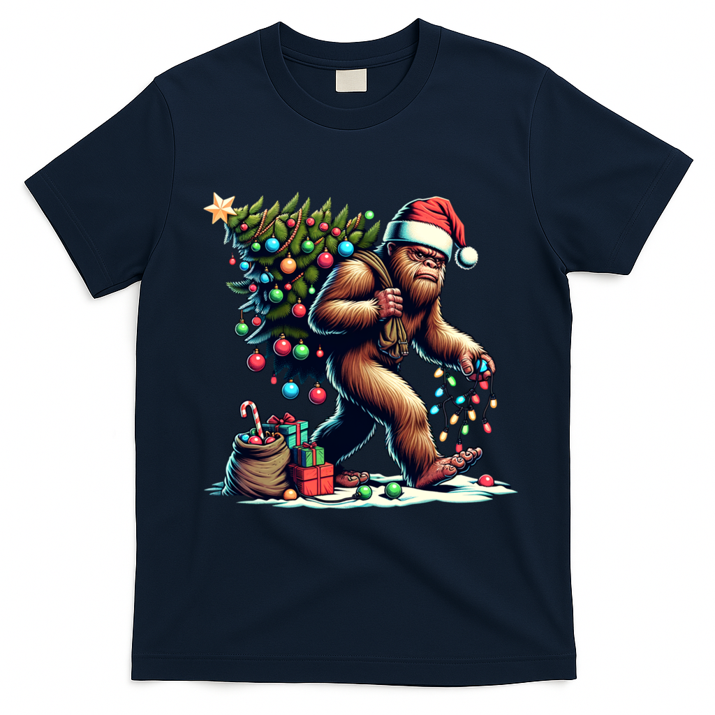 Bigfoot Christmas Tree Lights Xmas Sasquatch Lovers Gift T-Shirt - Navy Blue