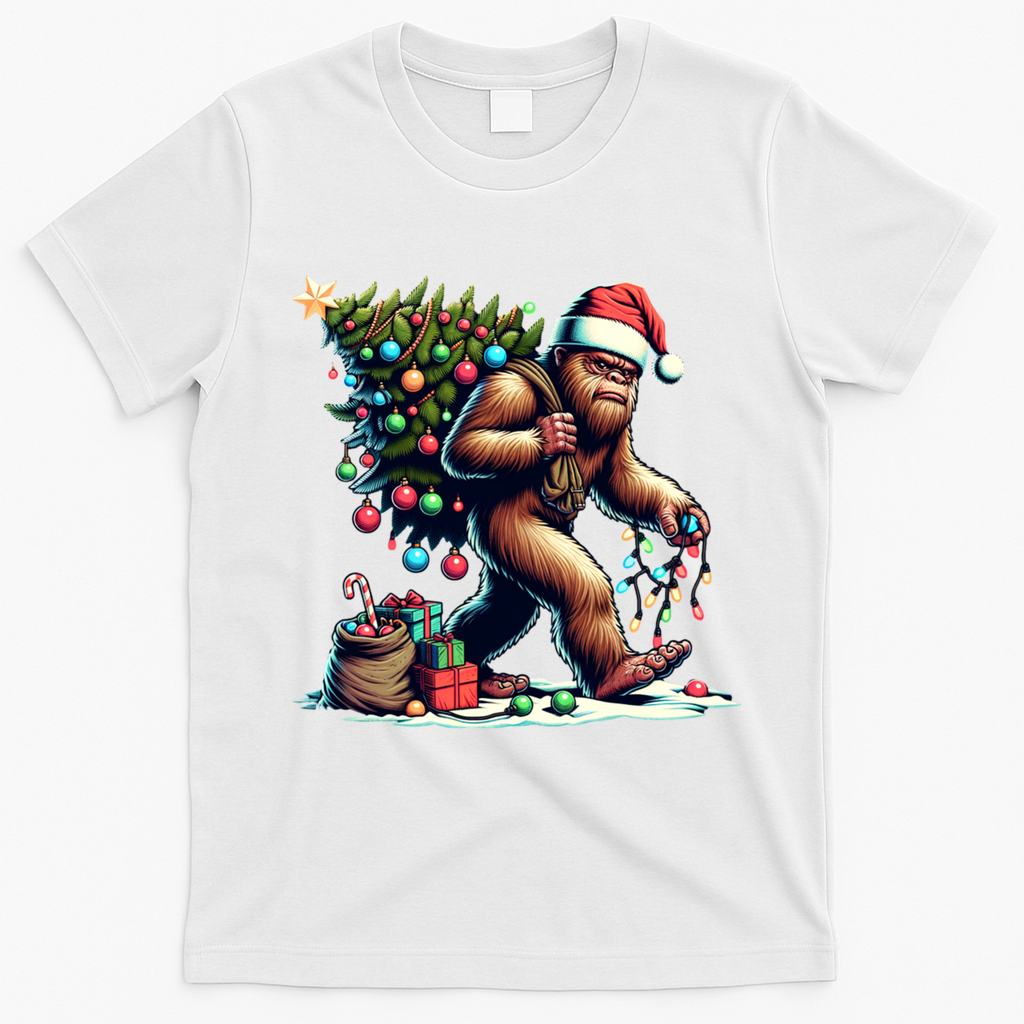 Bigfoot Christmas Tree Lights Xmas Sasquatch Lovers Gift T-Shirt - White