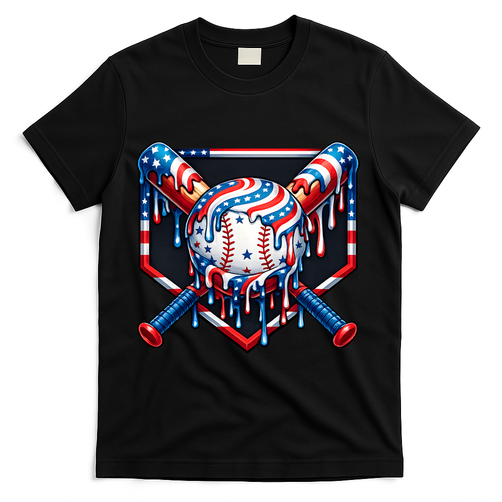 Baseball Drip American Flag 4th Of July T-Shirt - Black