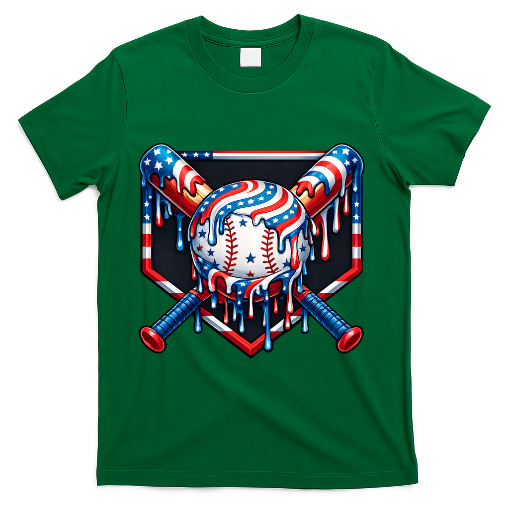 Baseball Drip American Flag 4th Of July T-Shirt - Green