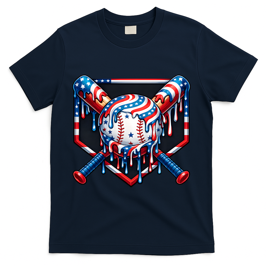 Baseball Drip American Flag 4th Of July T-Shirt - Navy