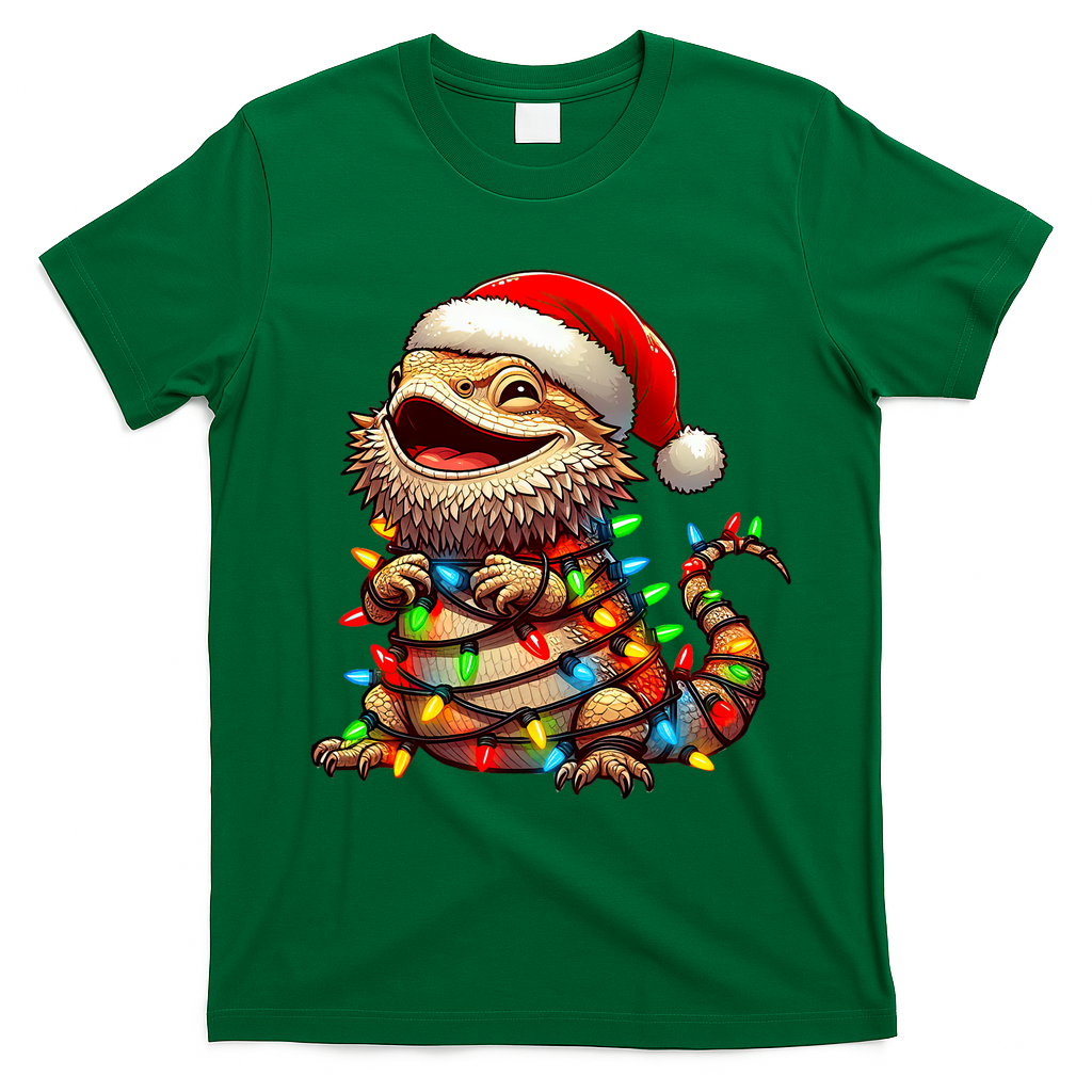 Bearded Dragon Christmas Lights Santa Hat T-Shirt - Irish Green