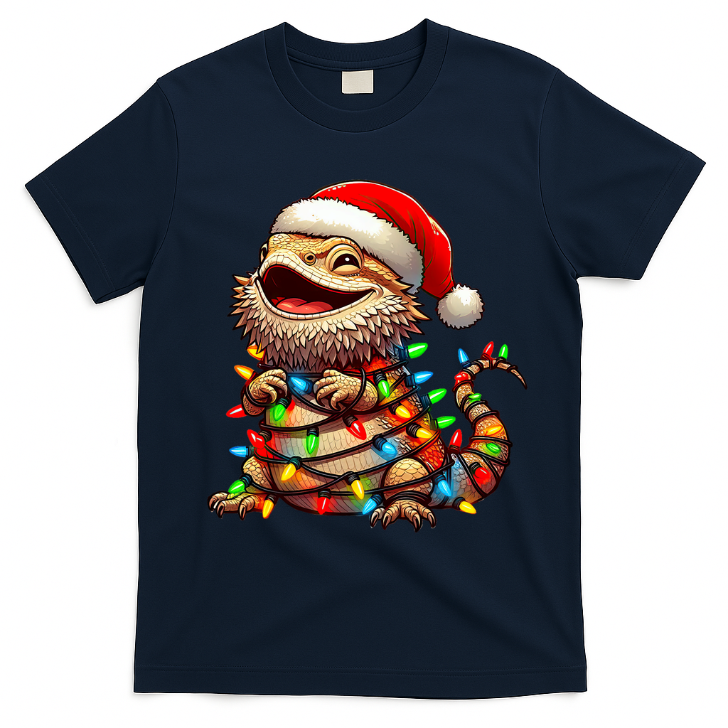 Bearded Dragon Christmas Lights Santa Hat T-Shirt - Navy Blue