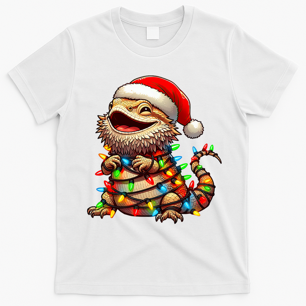 Bearded Dragon Christmas Lights Santa Hat T-Shirt - White