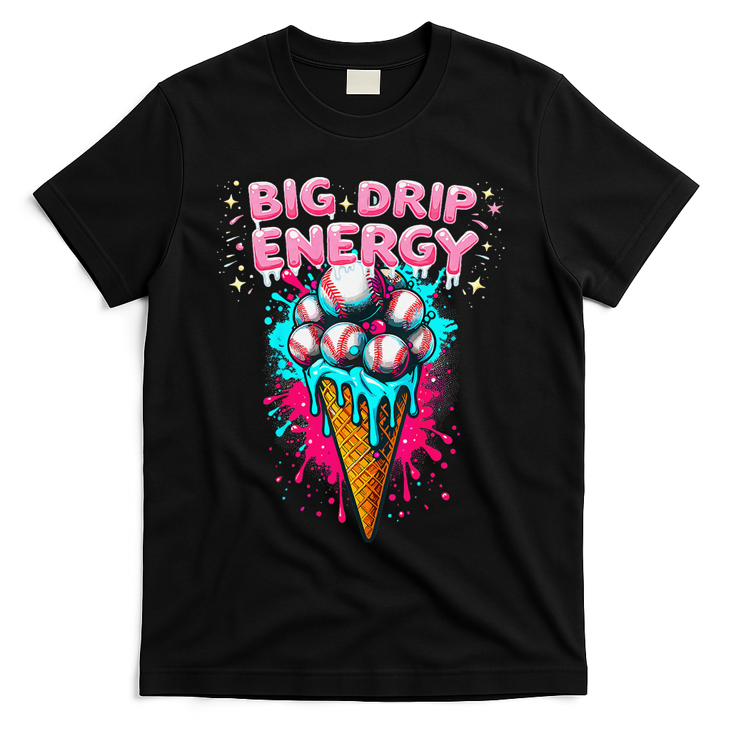 Big Drip Energy Ice Cream Baseball Funny Summer Vibes T-Shirt - Black
