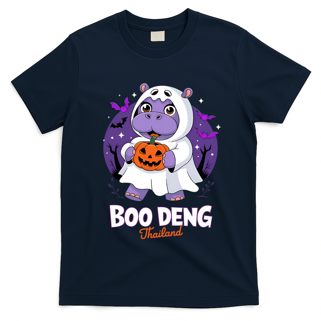Boo Deng Halloween Costume Cute Baby Hippo Moo Deng Funny T-Shirt - Navy Blue