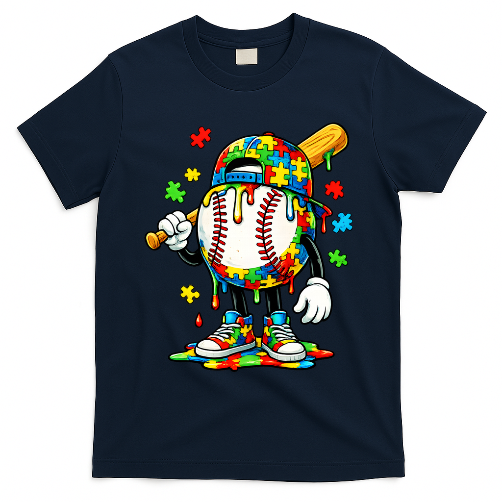 Baseball Drip Ice Cream Autism Awareness T-Shirt - Navy