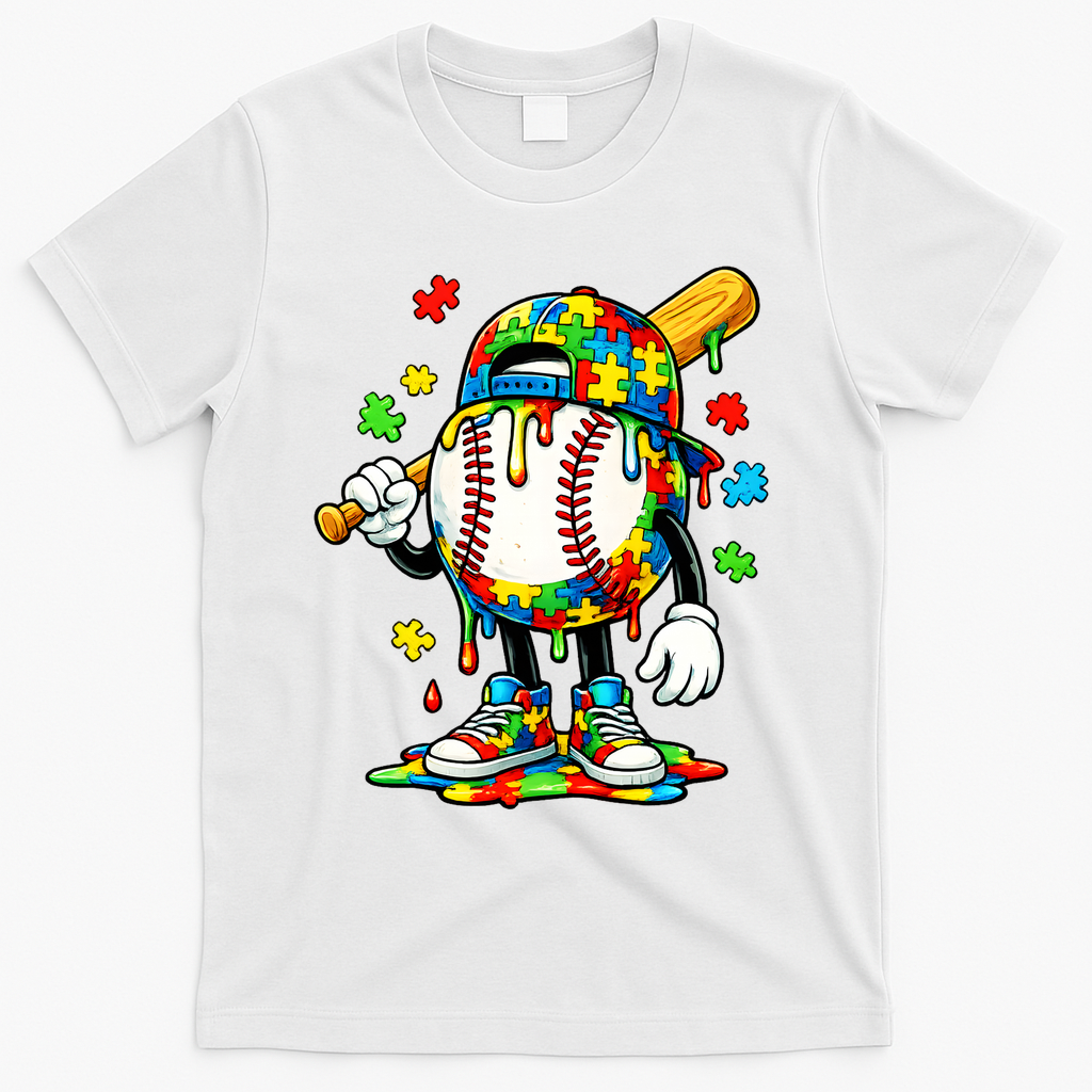 Baseball Drip Ice Cream Autism Awareness T-Shirt - White