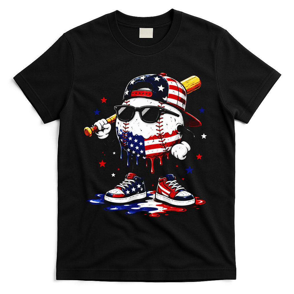 Baseball Drip Ice Cream 4th Of July American USA T-Shirt - Black