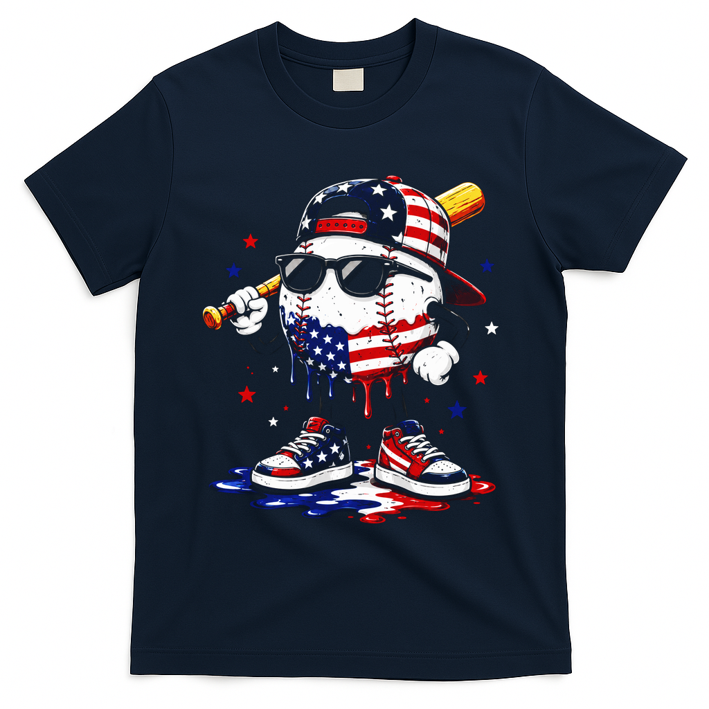 Baseball Drip Ice Cream 4th Of July American USA T-Shirt - Navy
