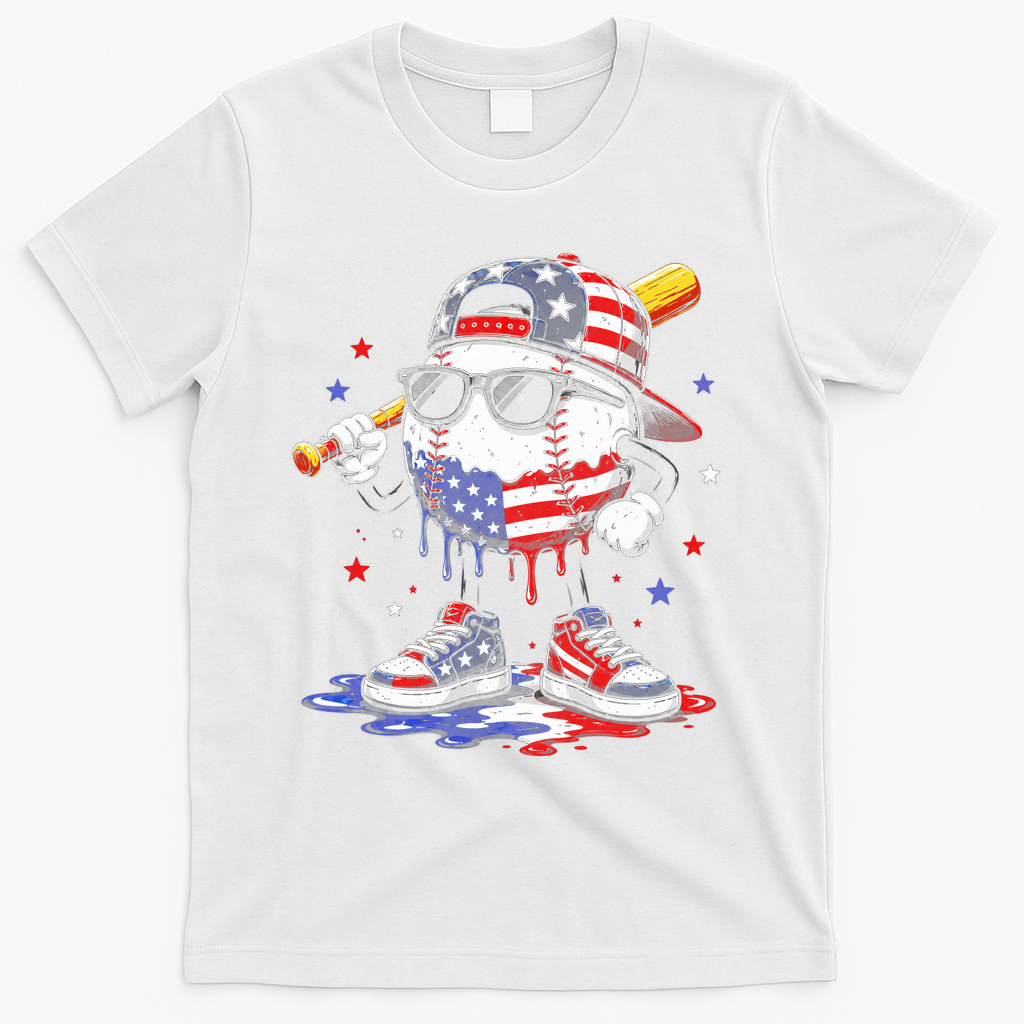 Baseball Drip Ice Cream 4th Of July American USA T-Shirt - White