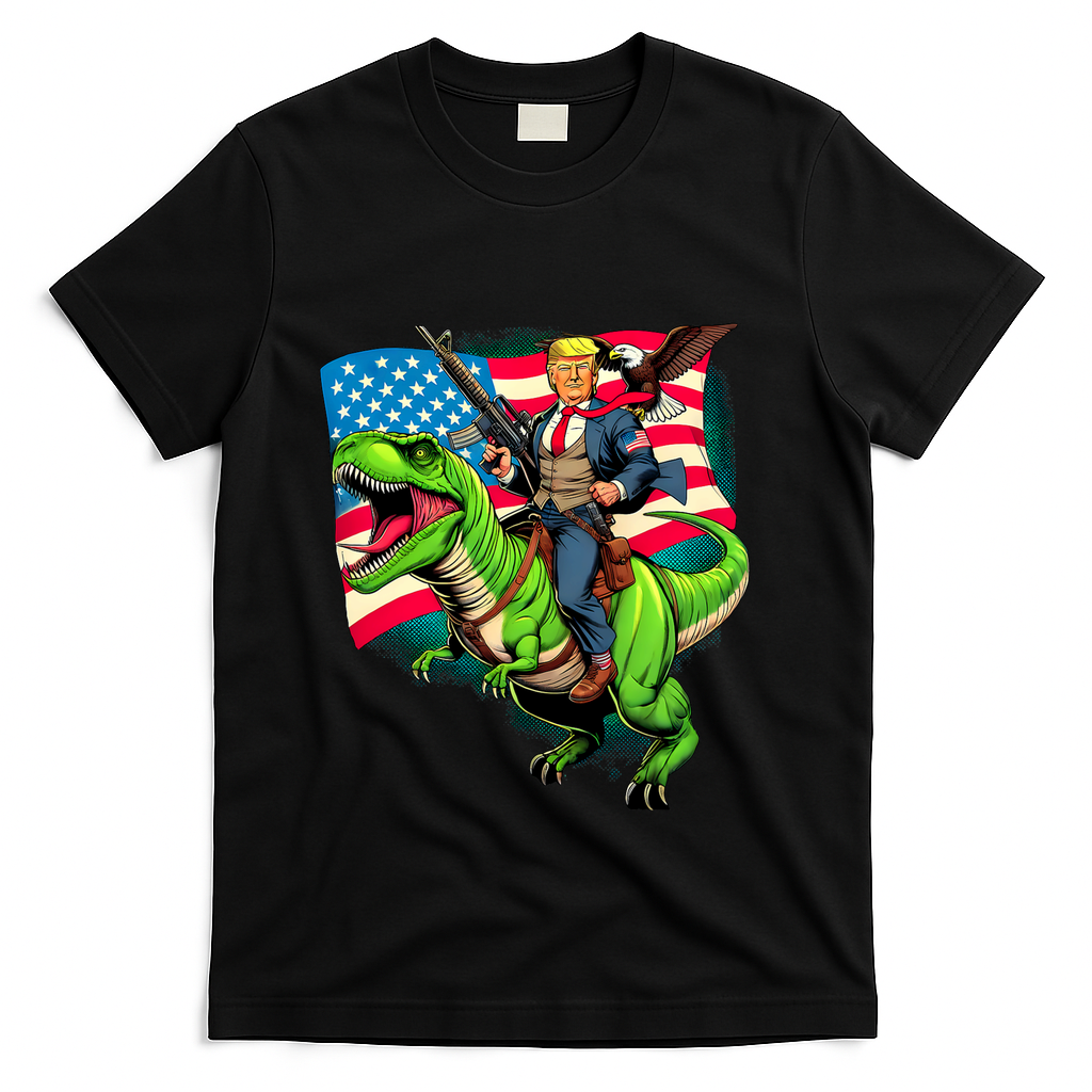Bald Eagle Us Flag Trump Riding A Trex T-Shirt - Black