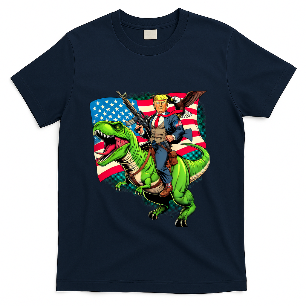 Bald Eagle Us Flag Trump Riding A Trex T-Shirt - Navy
