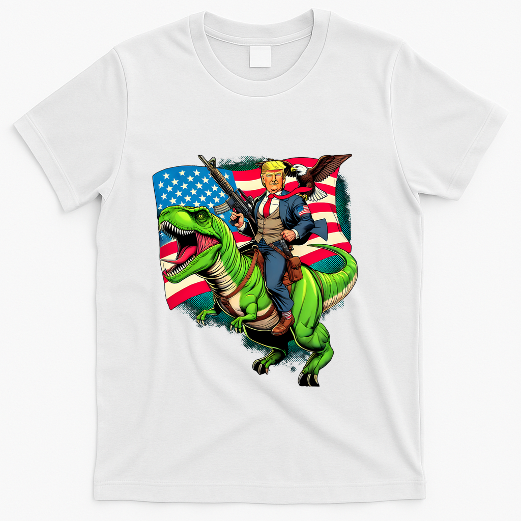 Bald Eagle Us Flag Trump Riding A Trex T-Shirt - White