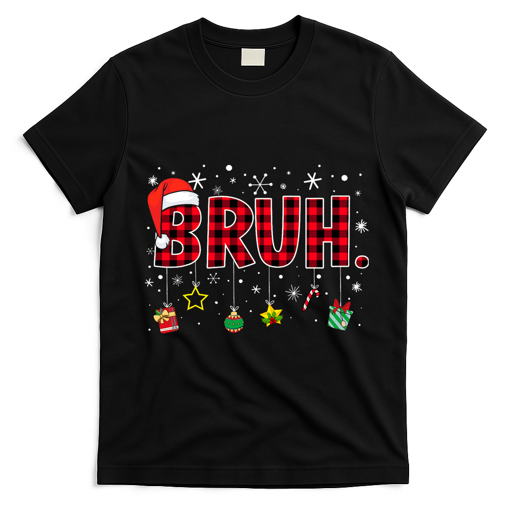 Bruh Funny Christmas Red Plaid Teens Xmas Pajamas T-Shirt - Black