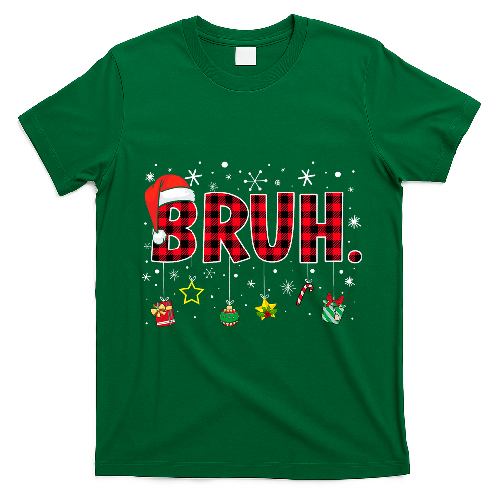 Bruh Funny Christmas Red Plaid Teens Xmas Pajamas T-Shirt - Irish Green