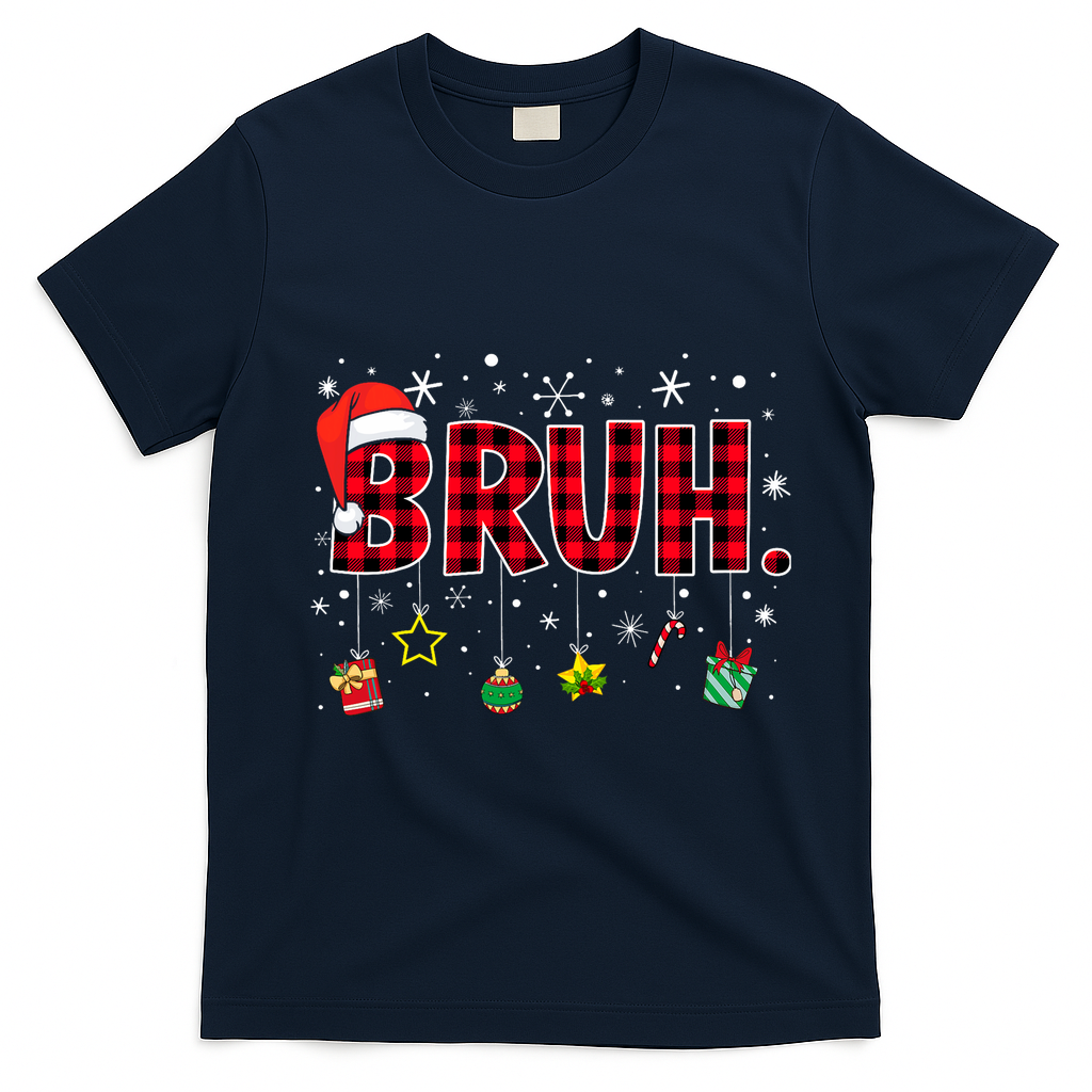 Bruh Funny Christmas Red Plaid Teens Xmas Pajamas T-Shirt - Navy Blue