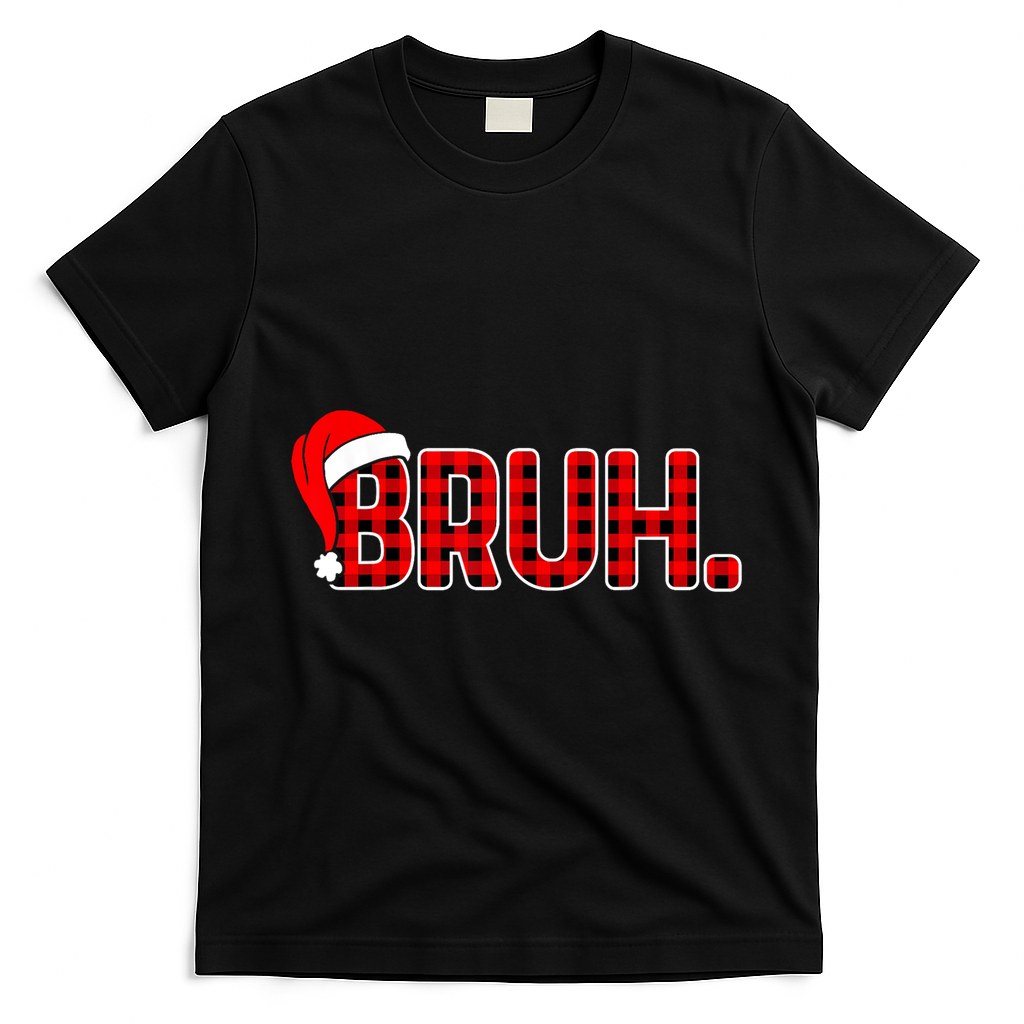 Bruh Funny Christmas Plaid Teens Xmas Pajamas T-Shirt - Black