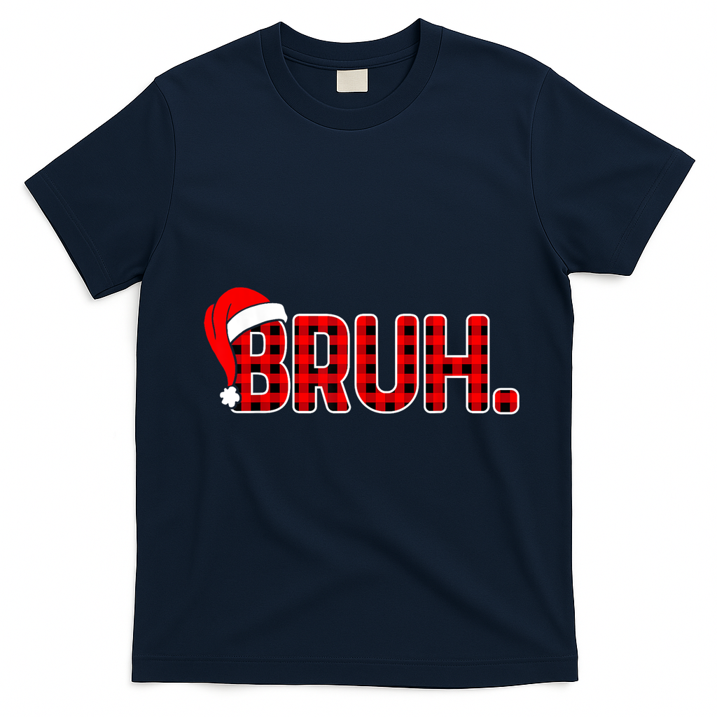 Bruh Funny Christmas Plaid Teens Xmas Pajamas T-Shirt - Navy Blue