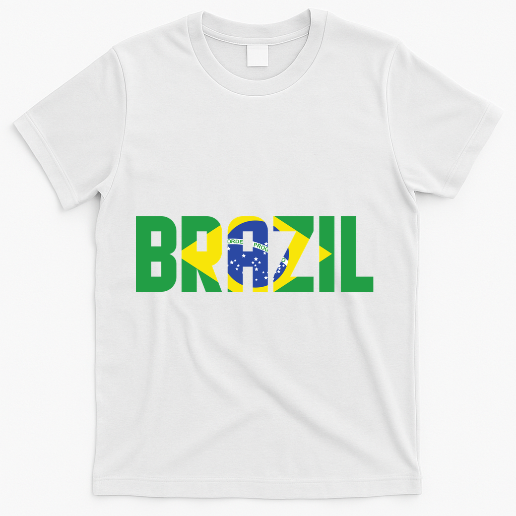 Brazil Flag Lettering Bold Graphic Apparel T-Shirt - White