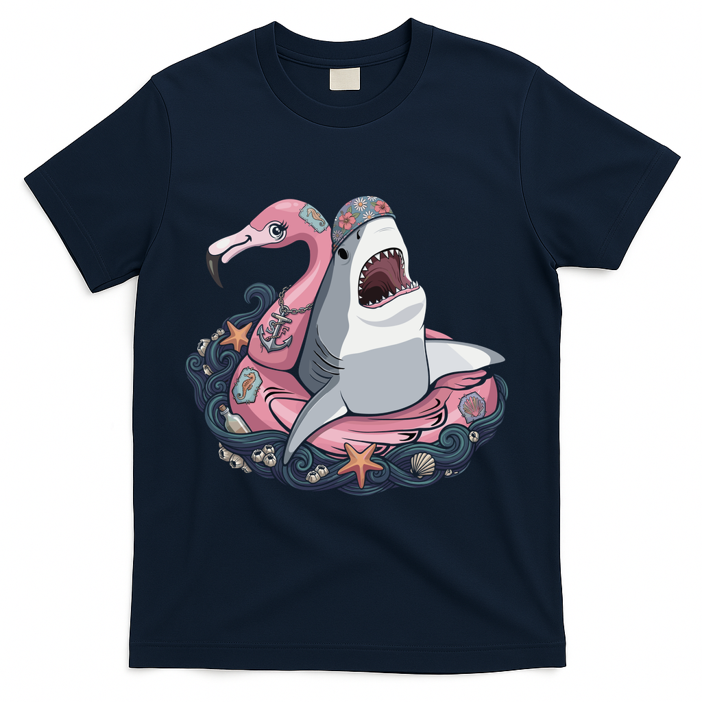 Beach Gone Wild Flamingo Shark T-Shirt - Navy