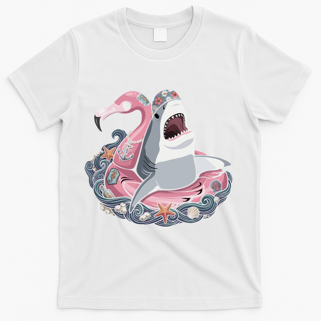 Beach Gone Wild Flamingo Shark T-Shirt - White