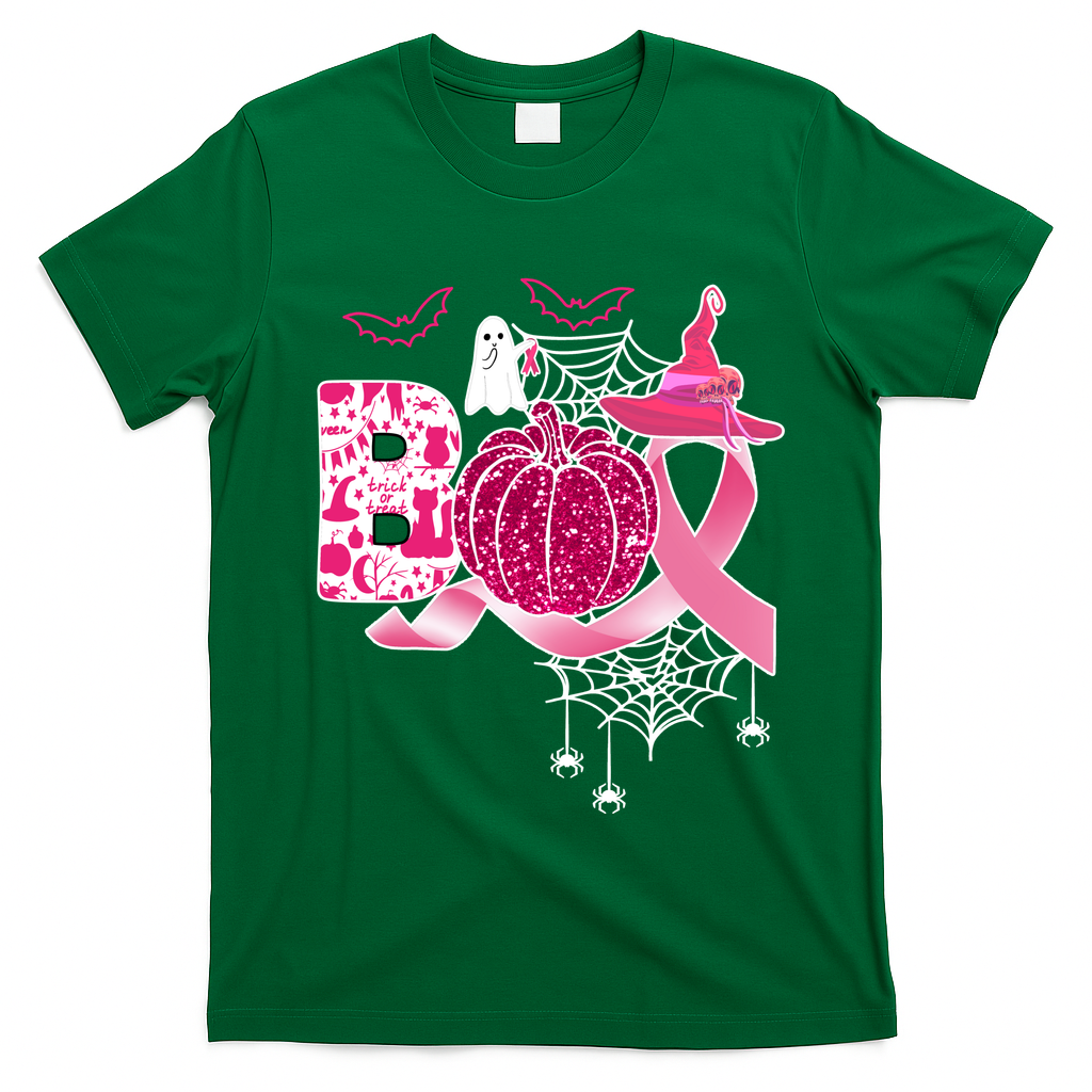 Boo Halloween Pumpkin Pink Ribbon Witch Ghost Breast Cancer T-Shirt - Irish Green