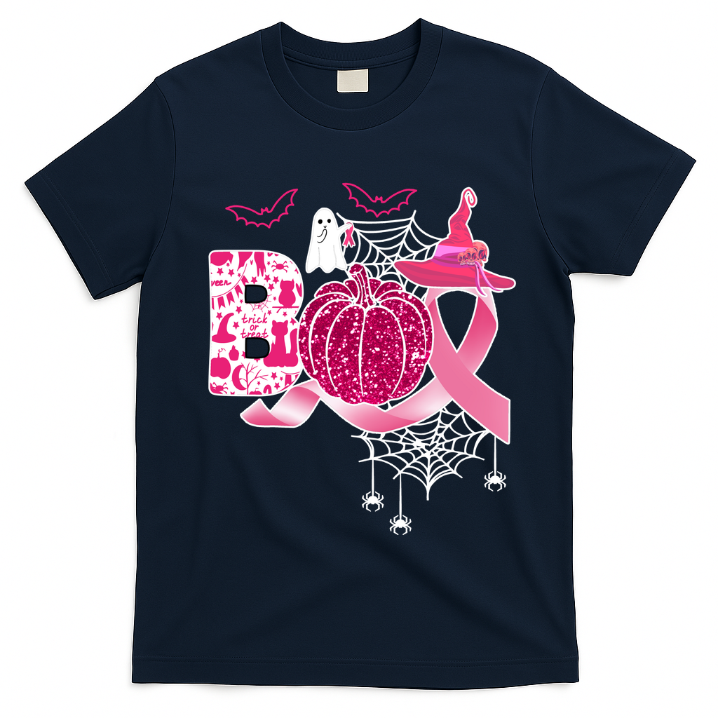 Boo Halloween Pumpkin Pink Ribbon Witch Ghost Breast Cancer T-Shirt - Navy Blue