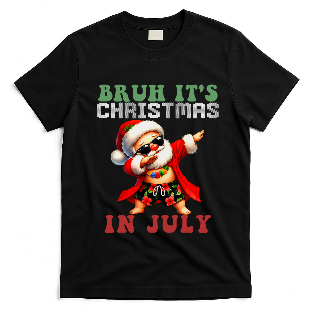 Bruh ItS Christmas In July Dabbing Santa Beach Vacation T-Shirt - Black