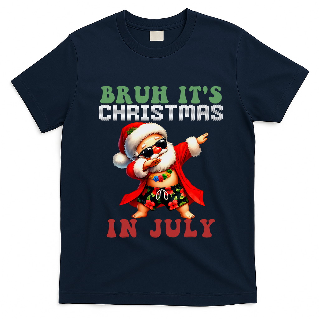 Bruh ItS Christmas In July Dabbing Santa Beach Vacation T-Shirt - Navy Blue