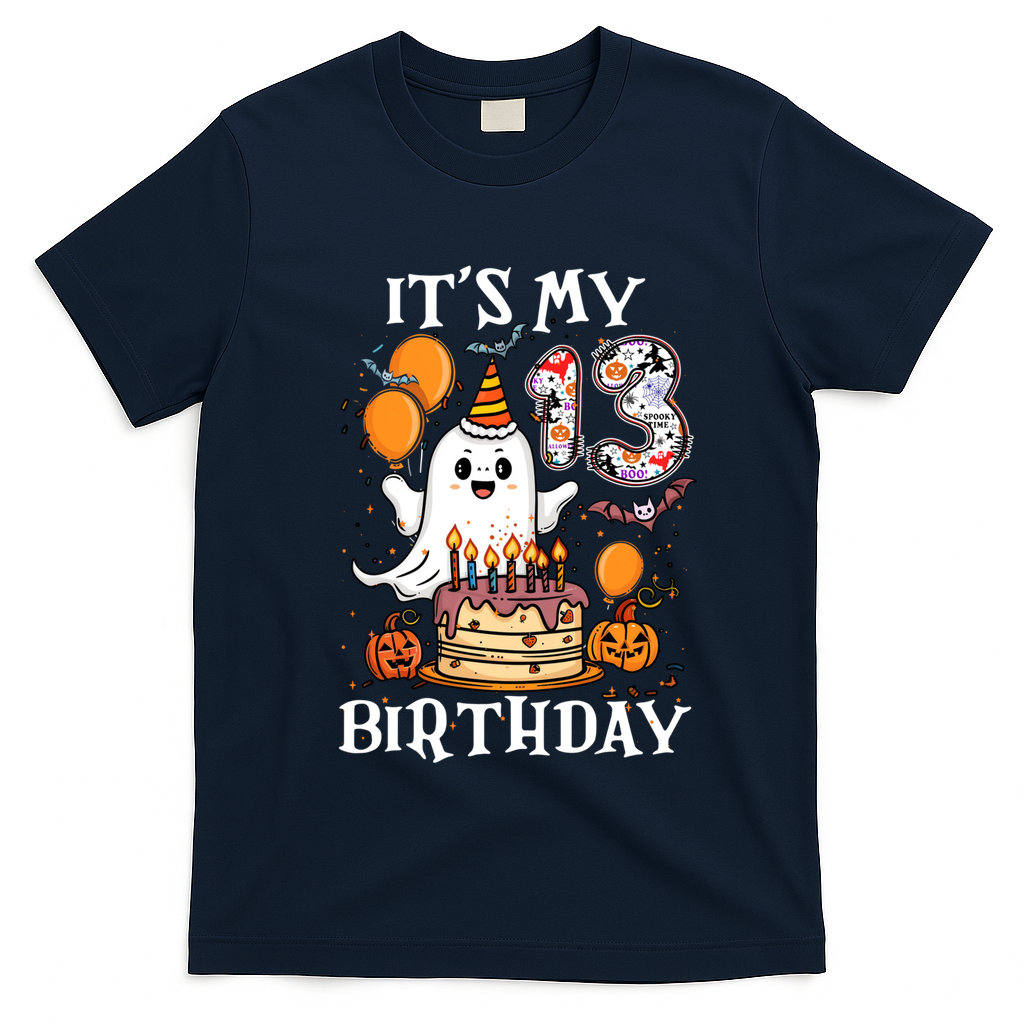 Boo ItS My 13th Birthday Halloween Ghost 13 Years Old Bday Gift T-Shirt - Navy Blue