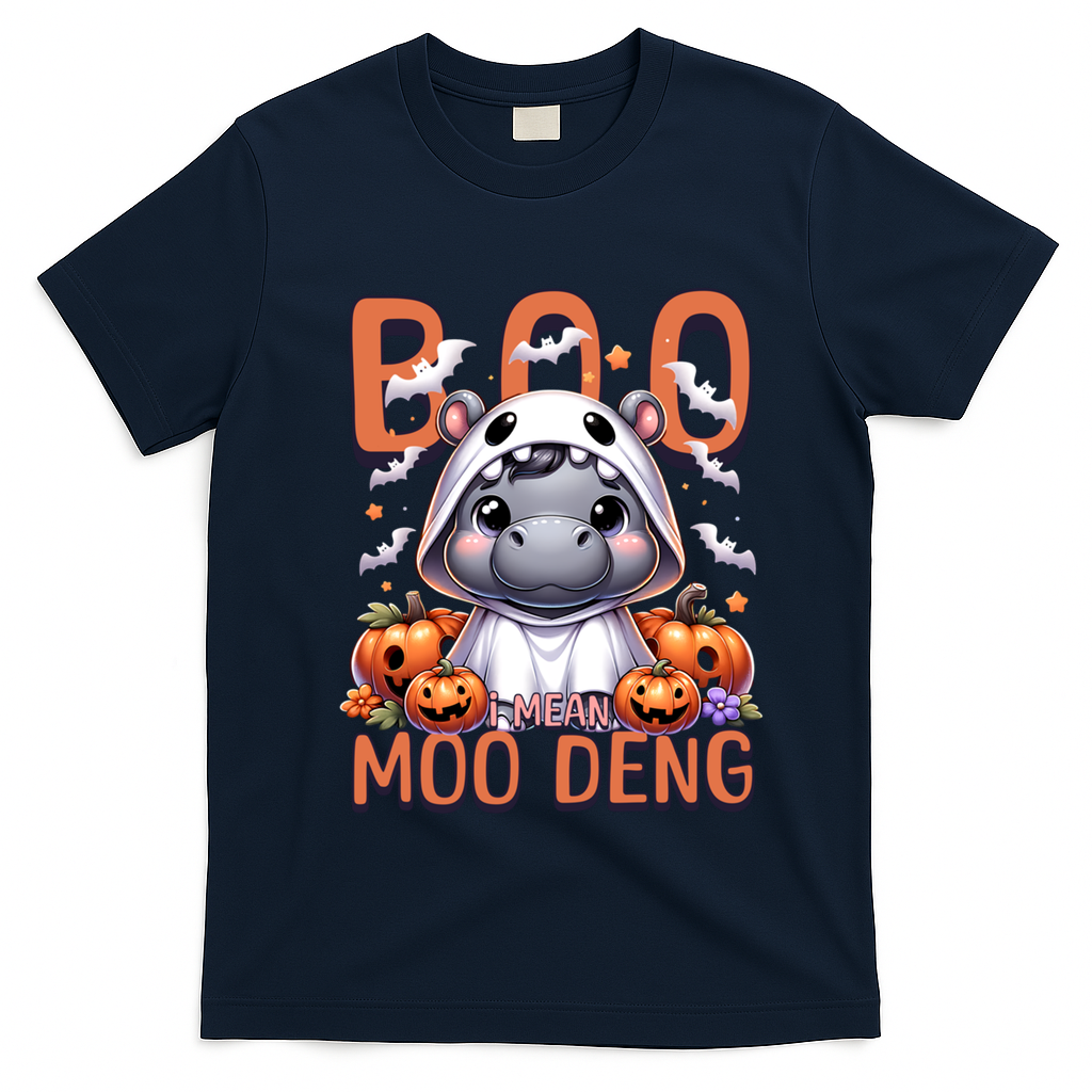 Boo I Mean Moo Deng Halloween Pygmy Hippo Gift T-Shirt - Navy Blue