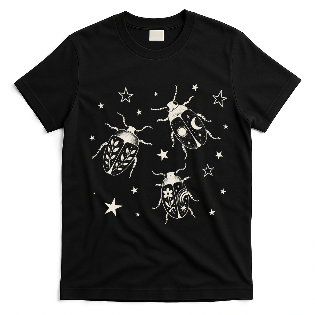 Beetle Illustration With Stars And Cosmic T-Shirt - Black