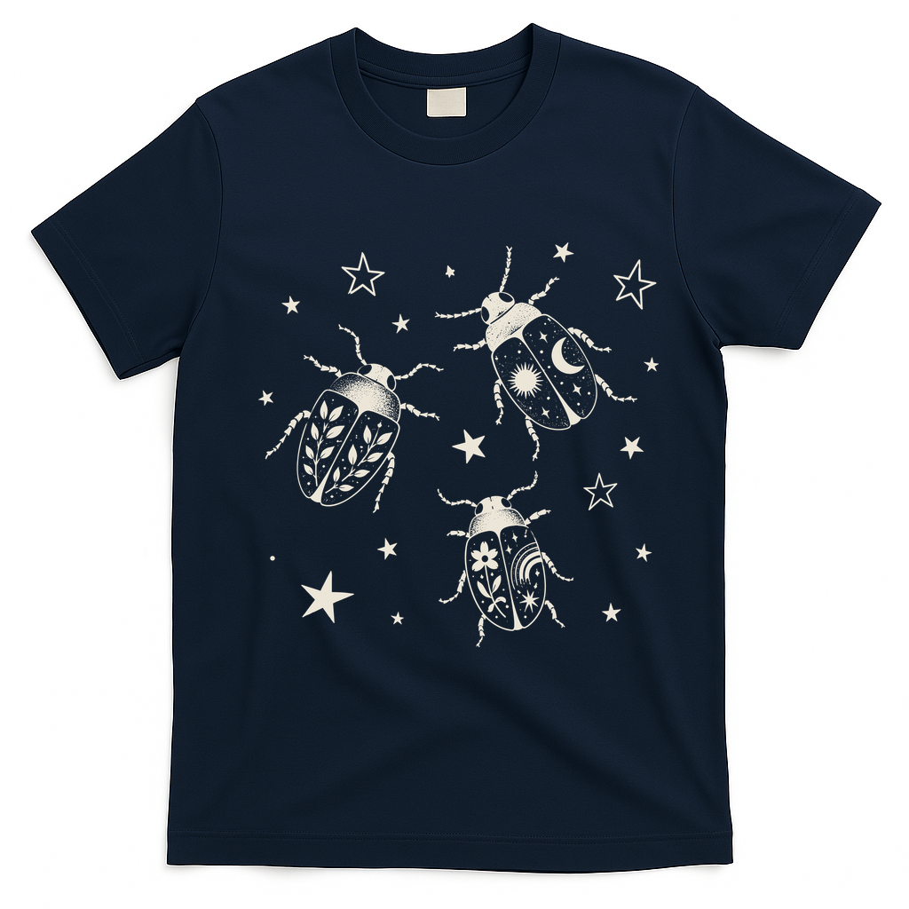 Beetle Illustration With Stars And Cosmic T-Shirt - Navy Blue