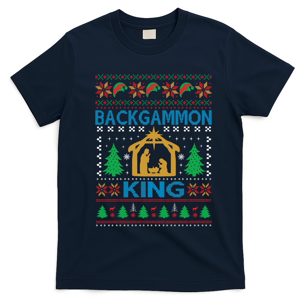 Backgammon King Ugly Christmas T-Shirt - Navy Blue