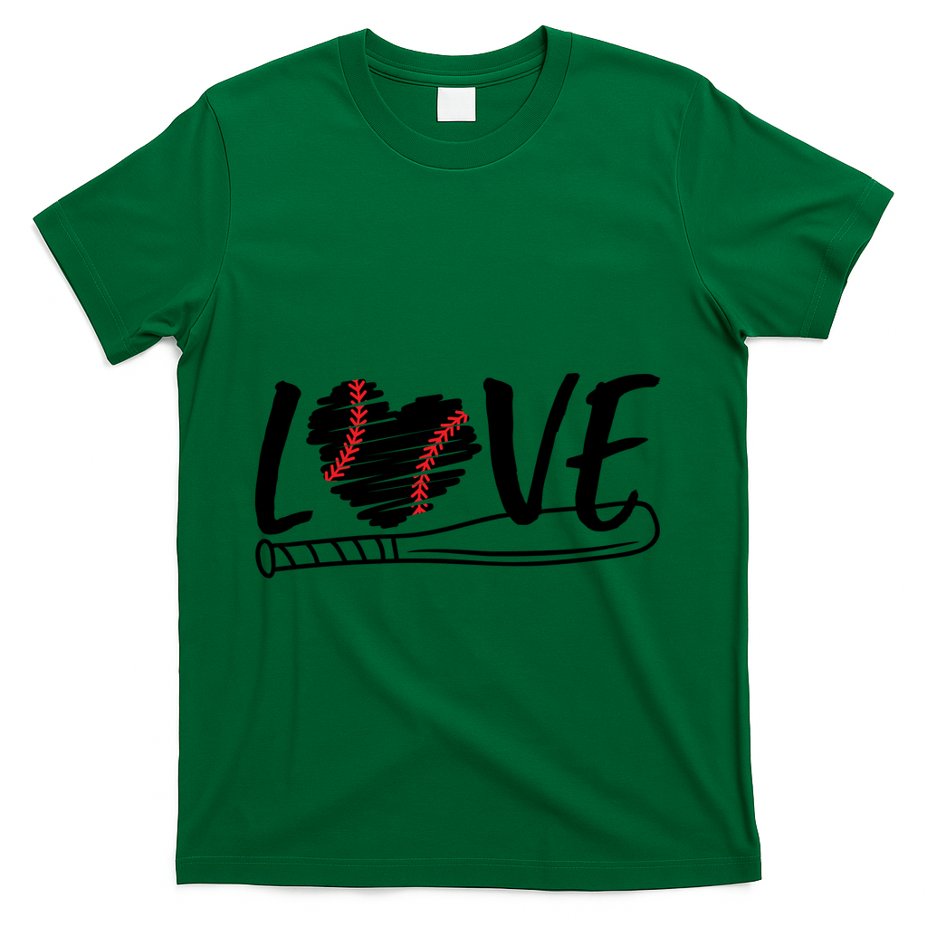 Baseball Love Heart Summer Sport T-Shirt - Green