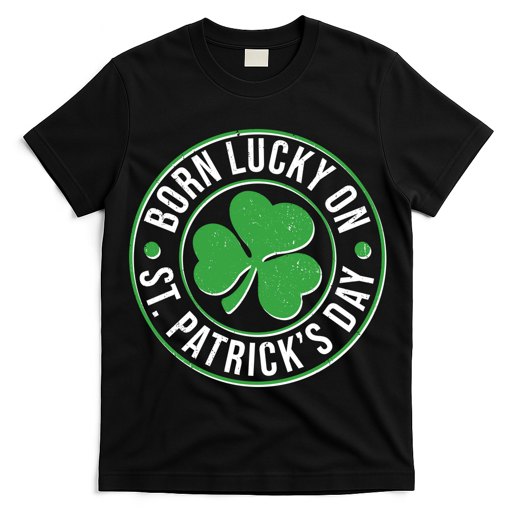 Born Lucky On St Patrick's Day Shamrock Emblem T-Shirt