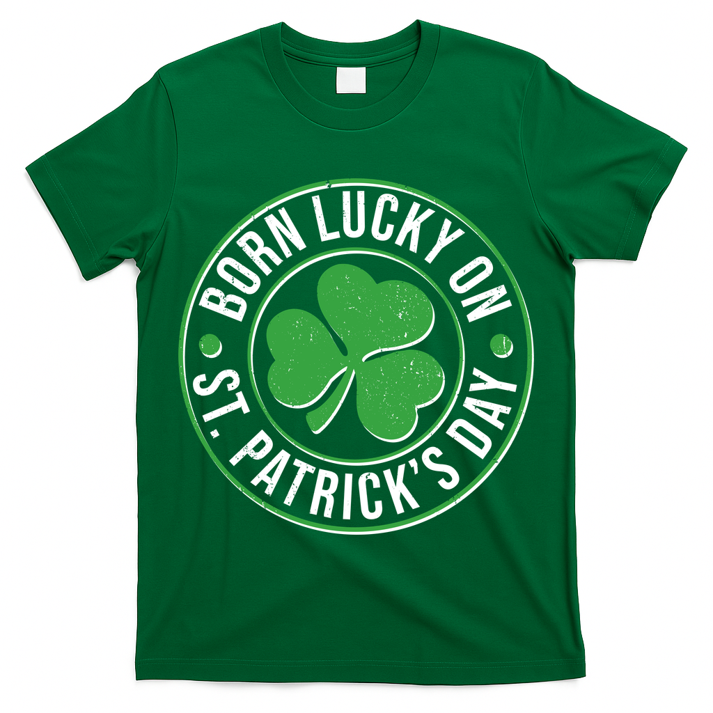 Born Lucky On St Patrick's Day Shamrock Emblem T-Shirt