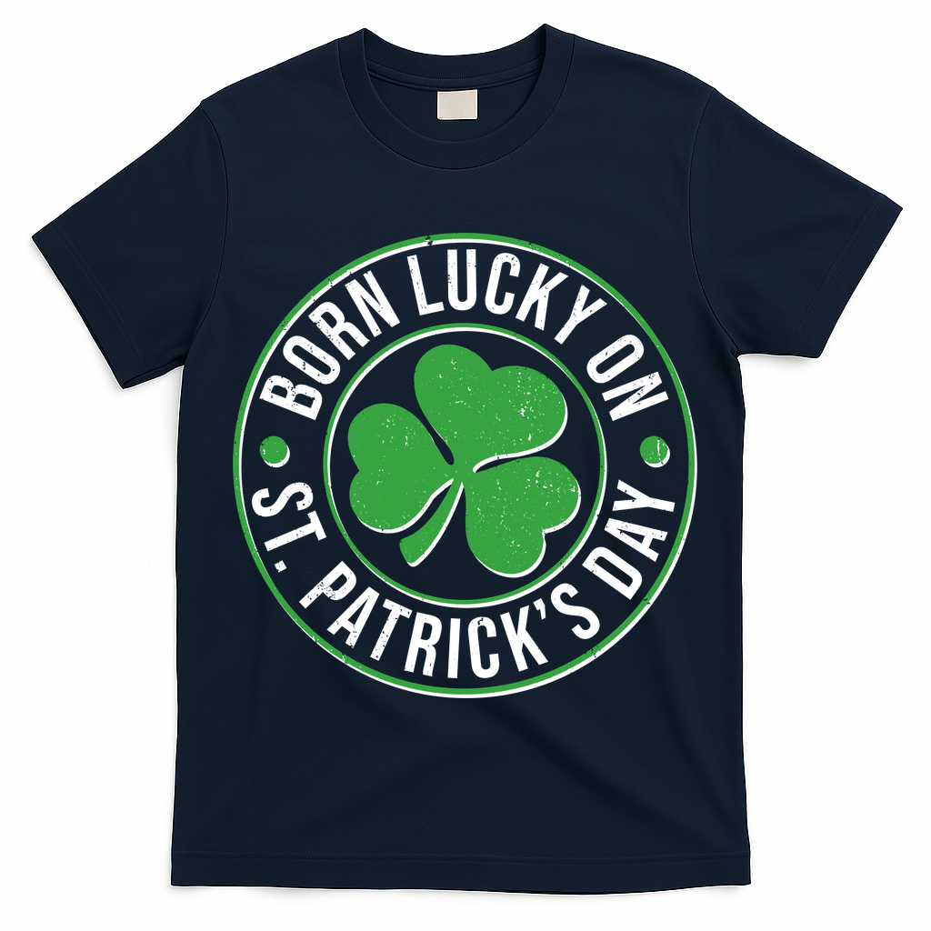 Born Lucky On St Patrick's Day Shamrock Emblem T-Shirt