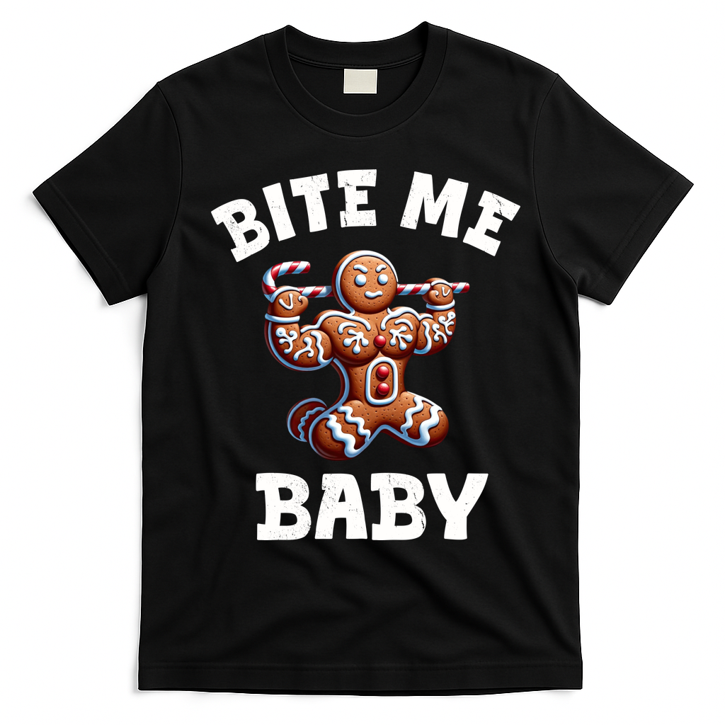 Bite Me Baby Funny Gingerbread Christmas Meme T-Shirt - Black