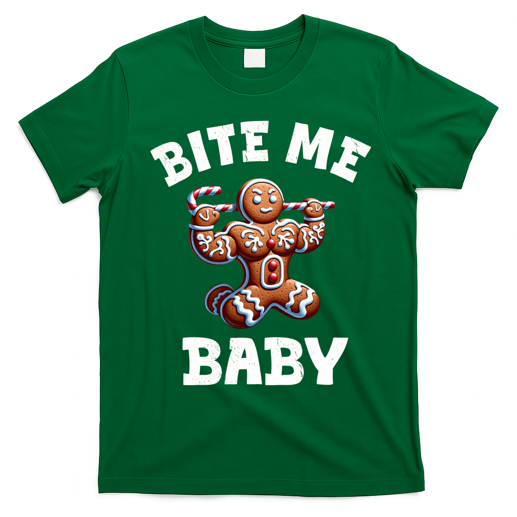 Bite Me Baby Funny Gingerbread Christmas Meme T-Shirt - Irish Green