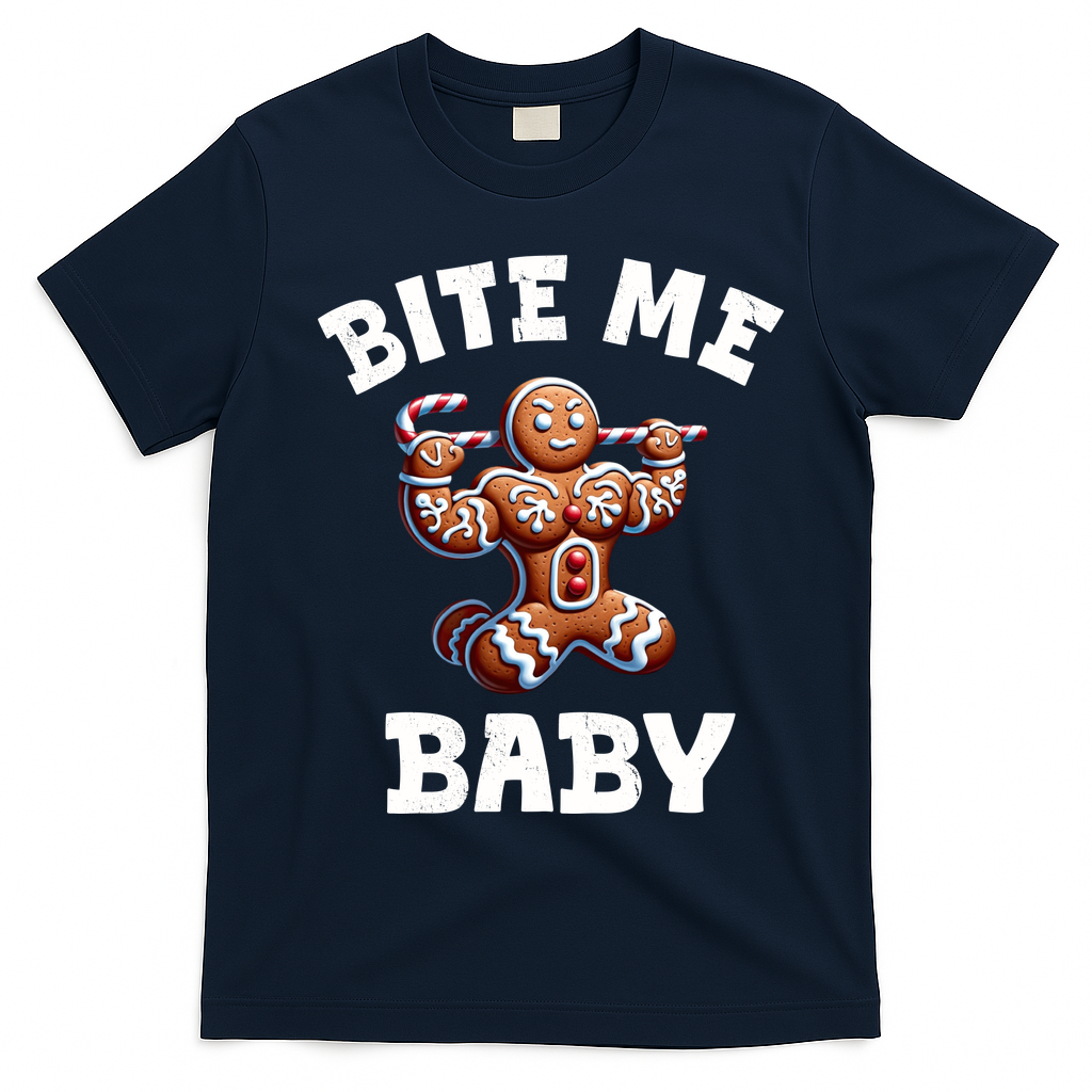 Bite Me Baby Funny Gingerbread Christmas Meme T-Shirt - Navy Blue