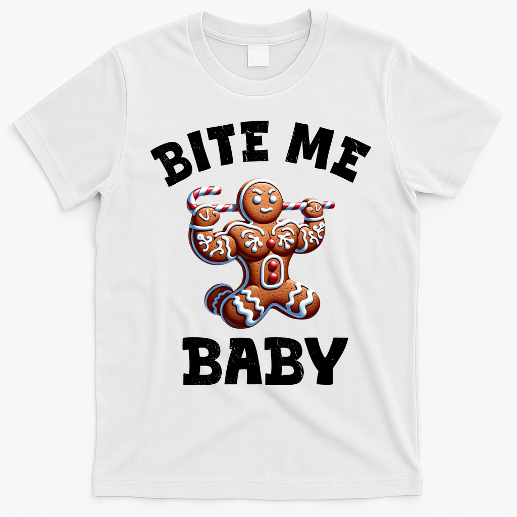 Bite Me Baby Funny Gingerbread Christmas Meme T-Shirt - White