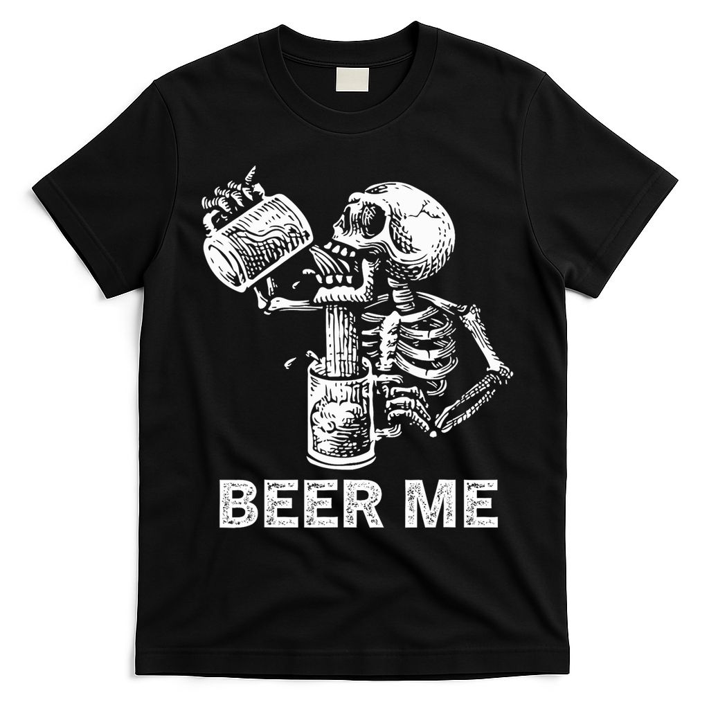 Beer Me Skeleton Scary Spooky Drinking  T-Shirt - Black