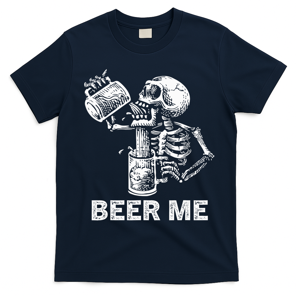 Beer Me Skeleton Scary Spooky Drinking  T-Shirt - Navy Blue